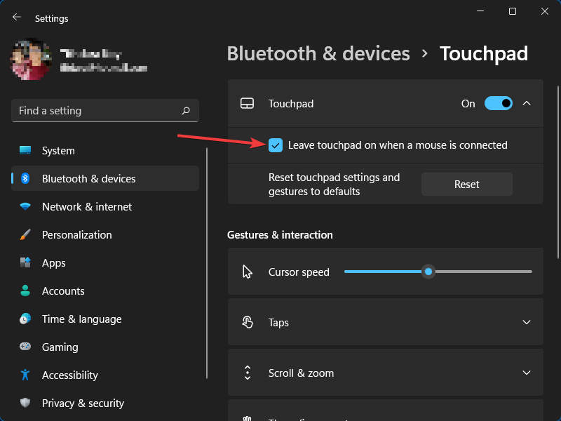 Checked - Leave touchpad on when a mouse is connected