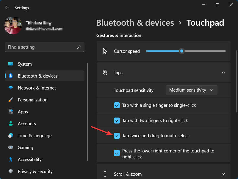 Settings › Touchpad › Taps › Uncheck Tap Twice and Drag to Multiple-Select