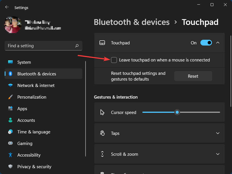 Unchecked - Leave touchpad on when a mouse is connected