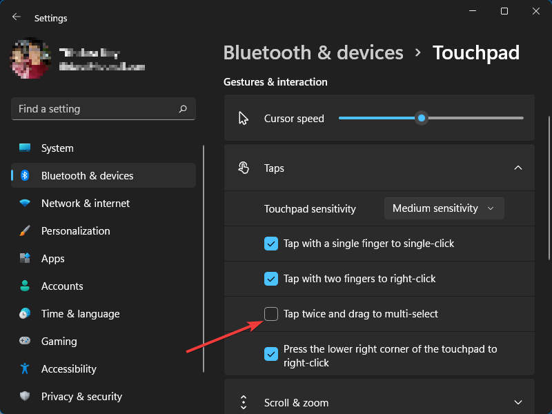 Settings › Touchpad › Taps › Check Tap Twice and Drag to Multiple-Select