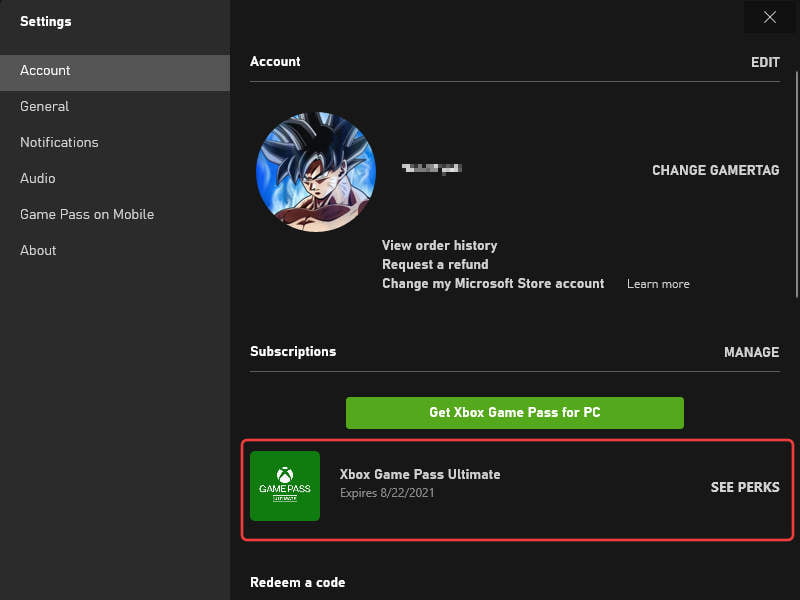 Xbox App - Xbox Game Pass Ultimate Shown in Subscription