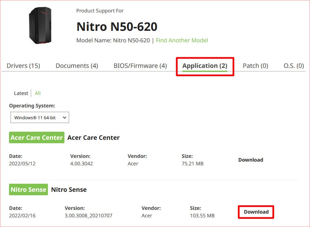 Download Nitro Sense software from Acer support website.